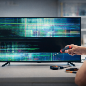 4K TV screen repair showing damaged display panel.