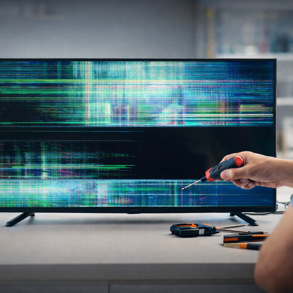 4K TV screen repair showing damaged display panel.