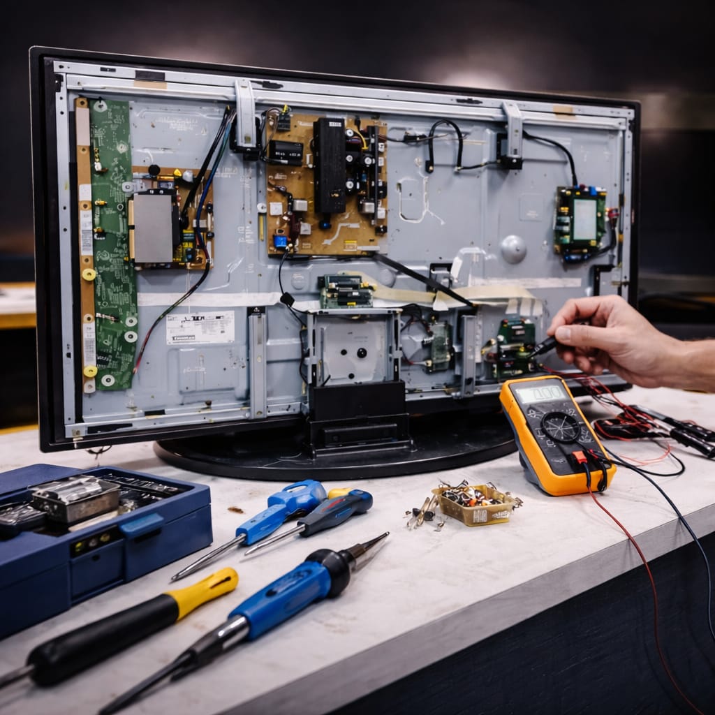Technician repairing LED TV with open back panel and electronic components.