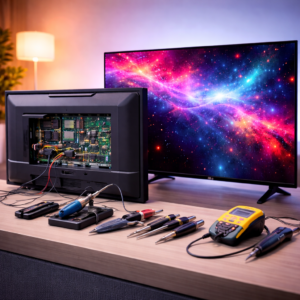 OLED TV repair service showing back panel and internal circuit inspection