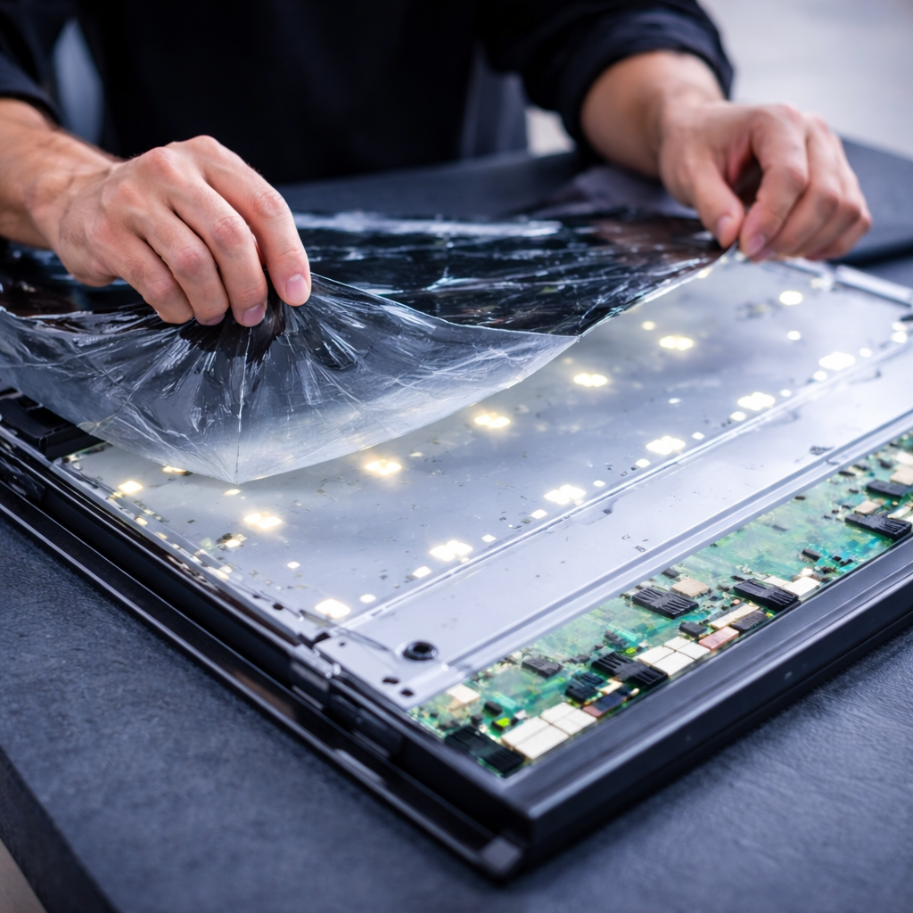 Close-up view of LED TV panel with backlight system during repair.