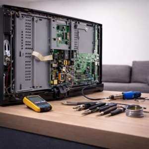 QLED TV repair showing back panel and internal circuit components